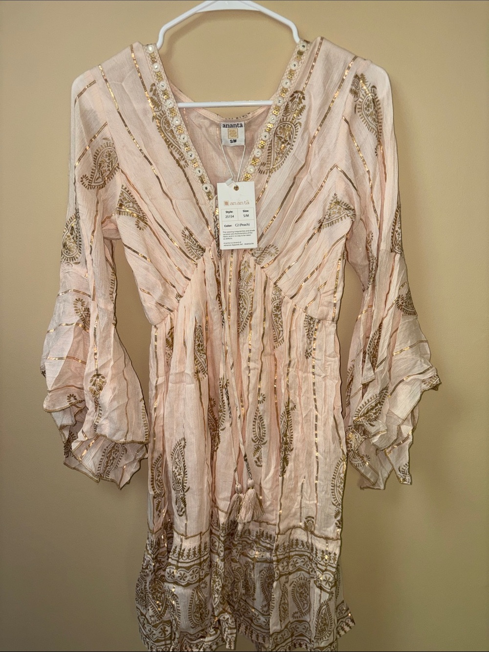 Ananta Pale Blush Gauze Dress with Gold Embellishment